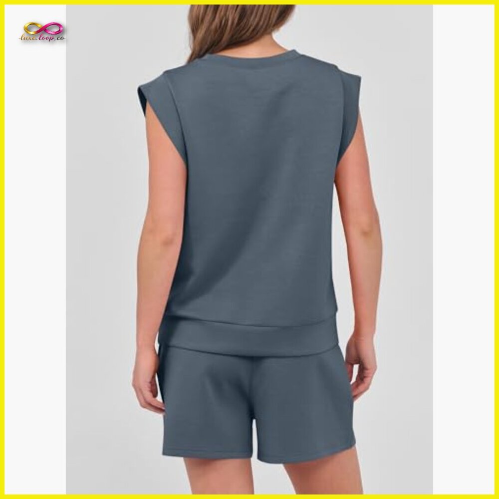 Two Piece Short Set Lounge Outfit‎ Cap Sleeve V Neck Drawstring Casual - Picture 4 of 7